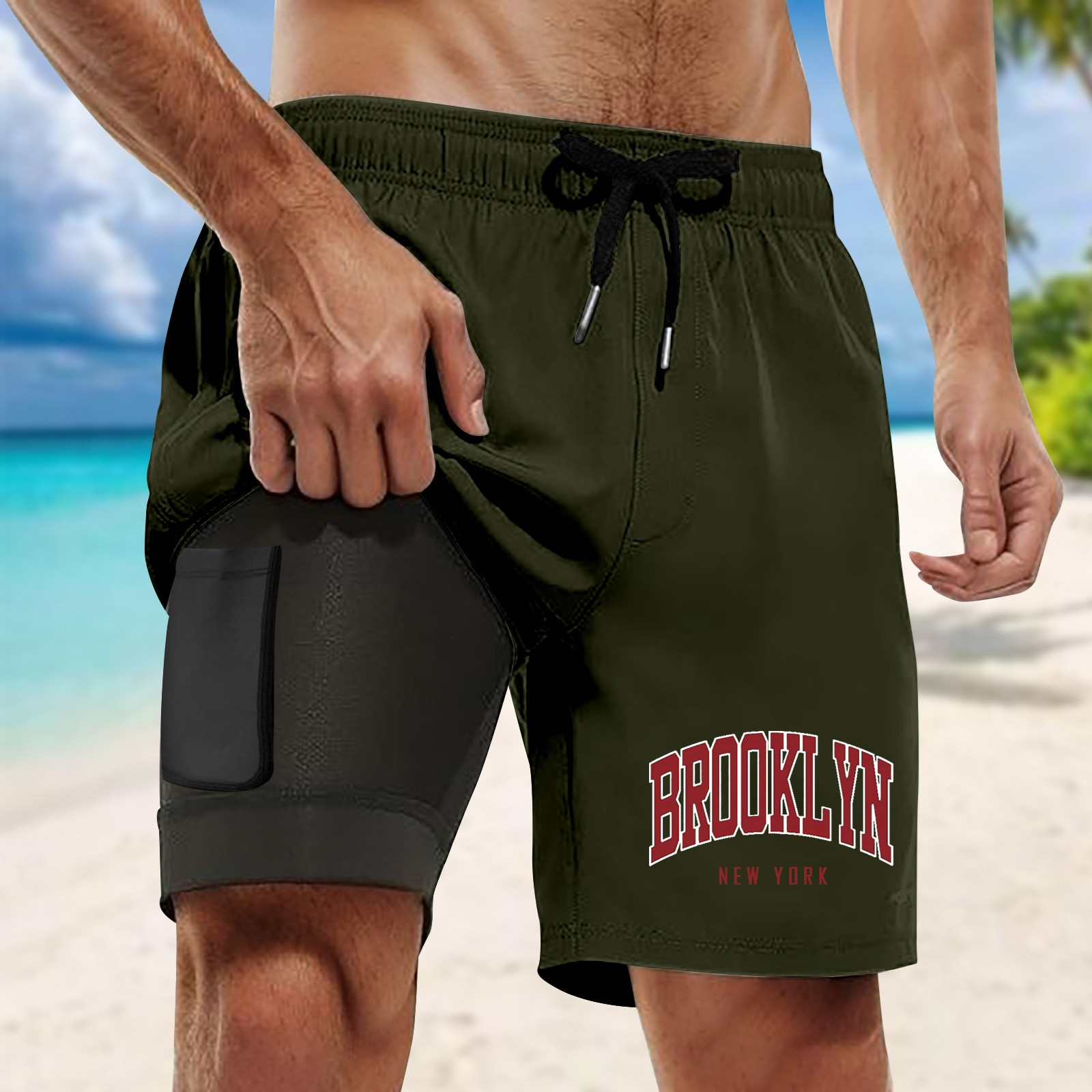 thumbnail image 2 of Bañador para hombre con forro compresivo - 95 % poliéster, cintura elástica, estampados coloridos, bolsillos para la playa/natación (S-XXXXXL), 2 of 4